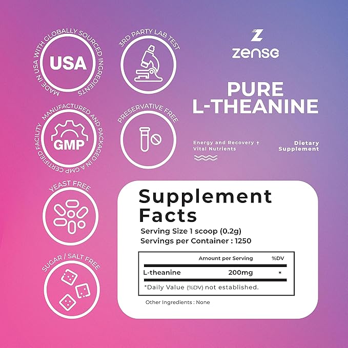 Pure L-Theanine Powder 100% [266gm-1,250 Servings] Natural L-Theanine Supplement - Only 1 Organic Ingredient, Free of Sugar,Soy, Filler, Melatonin, Non-GMO, Vegan