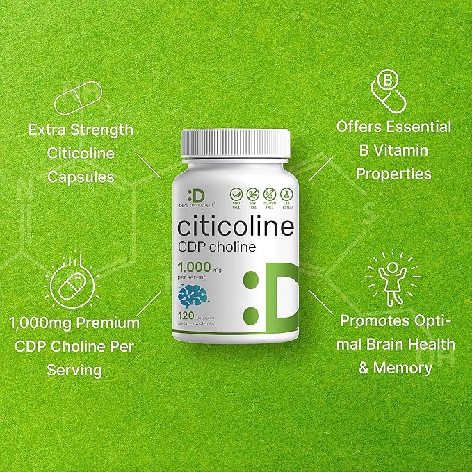 DEAL SUPPLEMENT Citicoline CDP Choline, 1,000mg Per Serving, 120 Capsules – Extra Strength Choline Supplements – Nootropic B Vitamin Properties – Promotes Brain Health, Memory, & Focus – Non-GMO